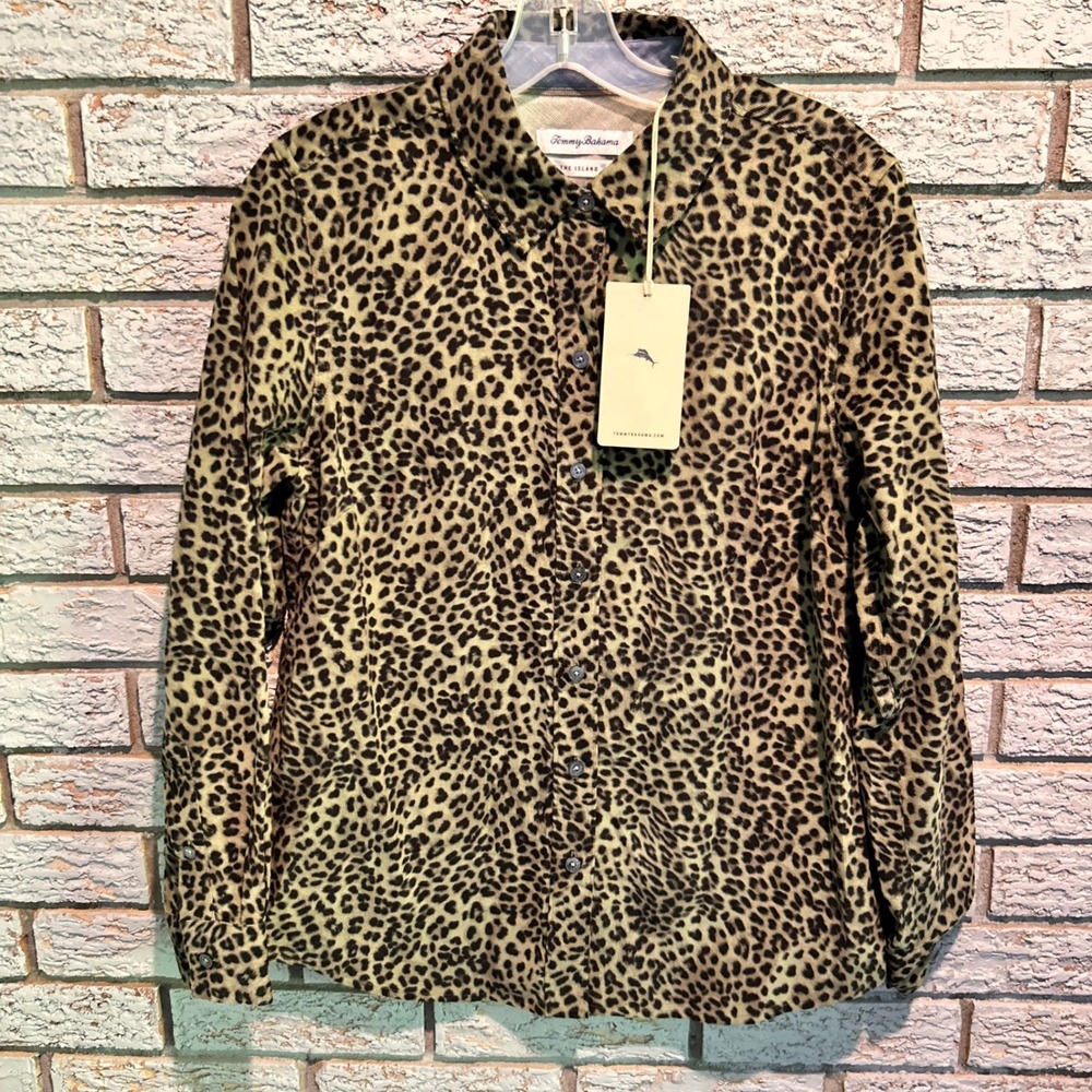 Tommy Bahama Womens Small Leopard Print Corduroy Button‎ Down Shirt NWT Animal